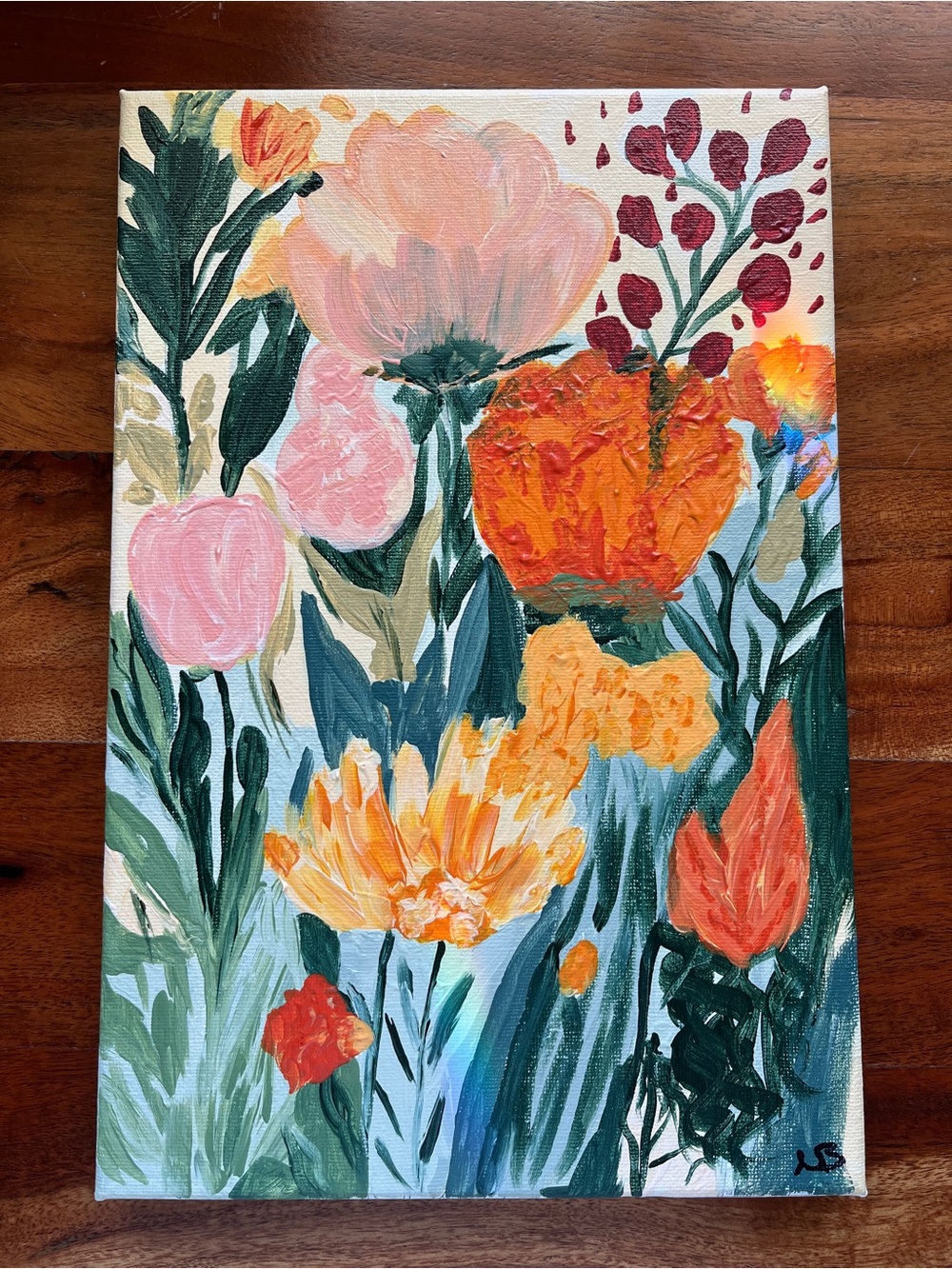 Acrylic On Canvas Hand painted By Me Flowers In Bloom Pink Orange Tones